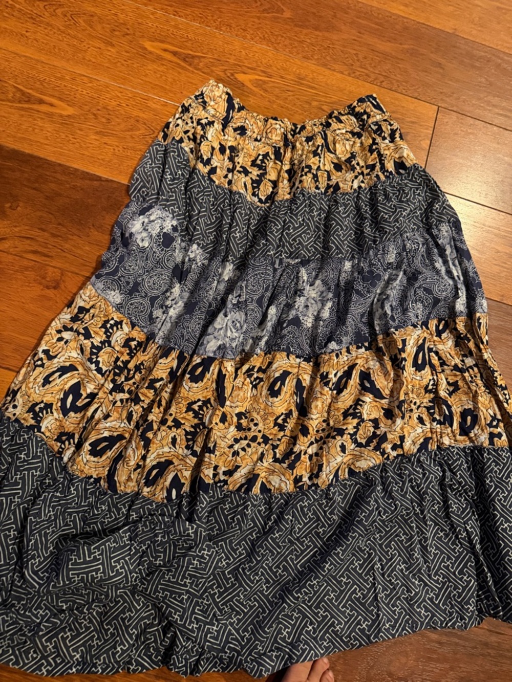 Tiered Maxi Skirt in Navy and Gold Floral Patchwork